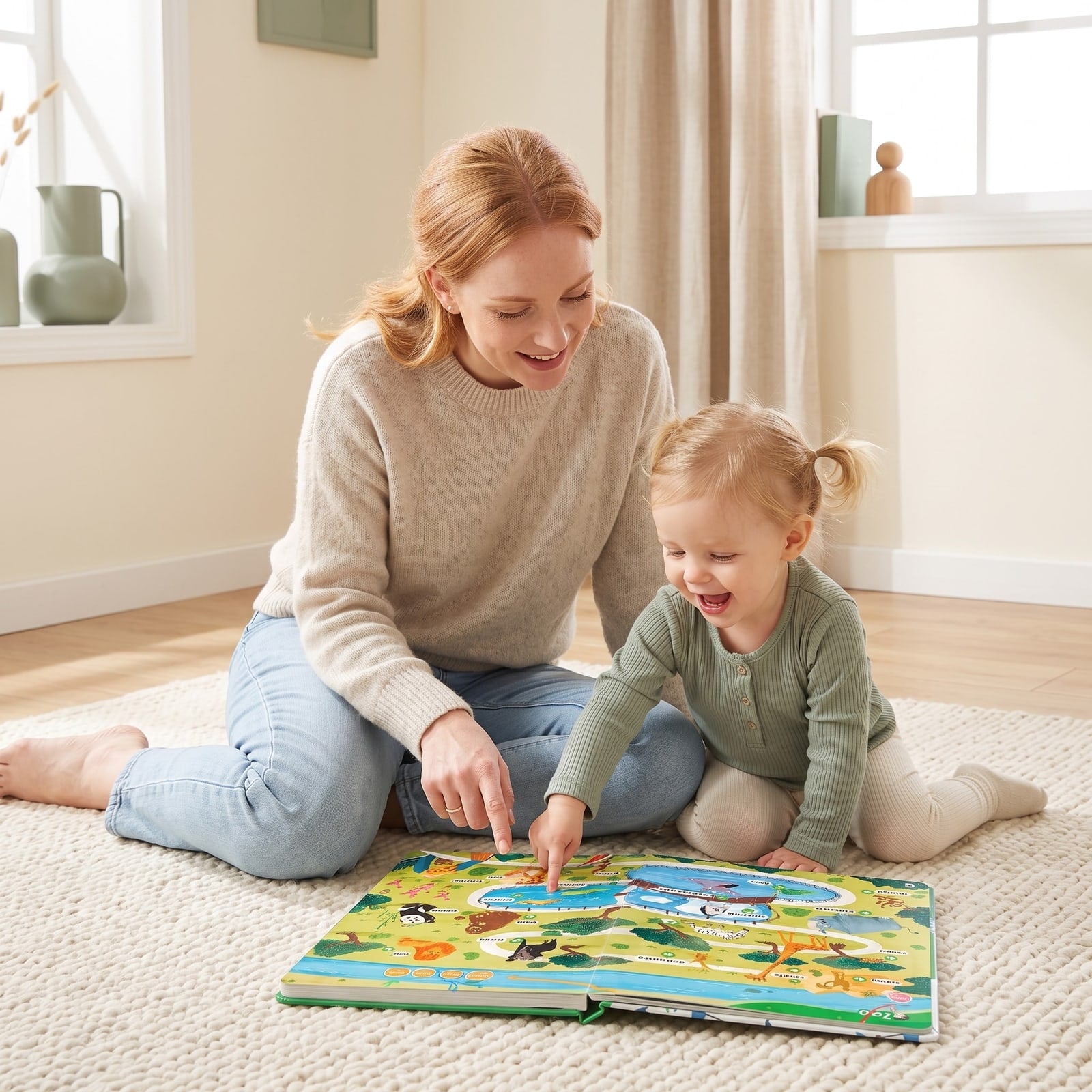 Mom and toddler pointing at the Zoo page of the sound book on a rug