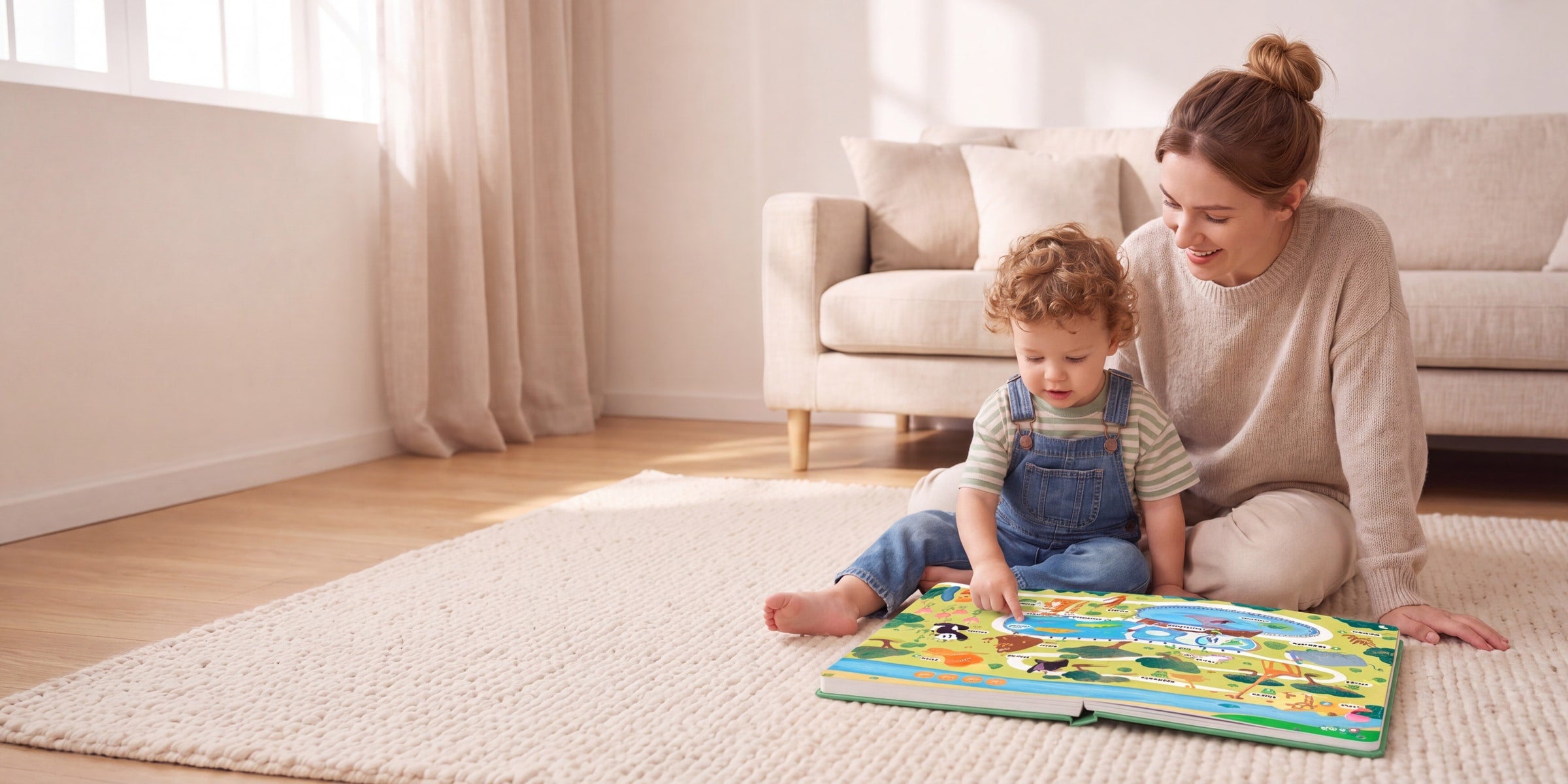 Toddler touching a page of the 500 Words Sound Book next to mom