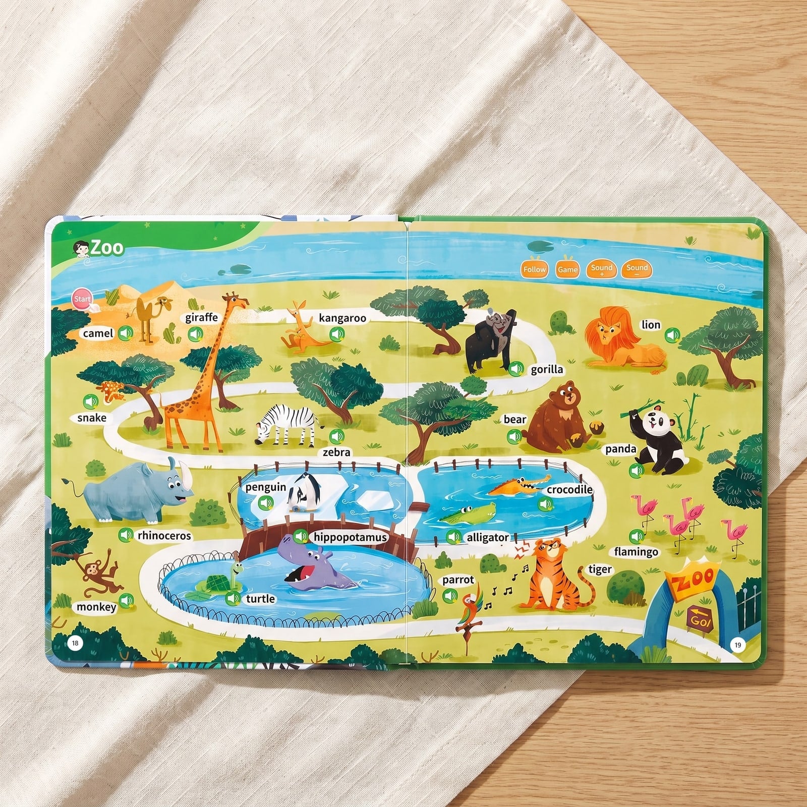 The 500 Words Sound Book lying open on its Zoo page, seen from above